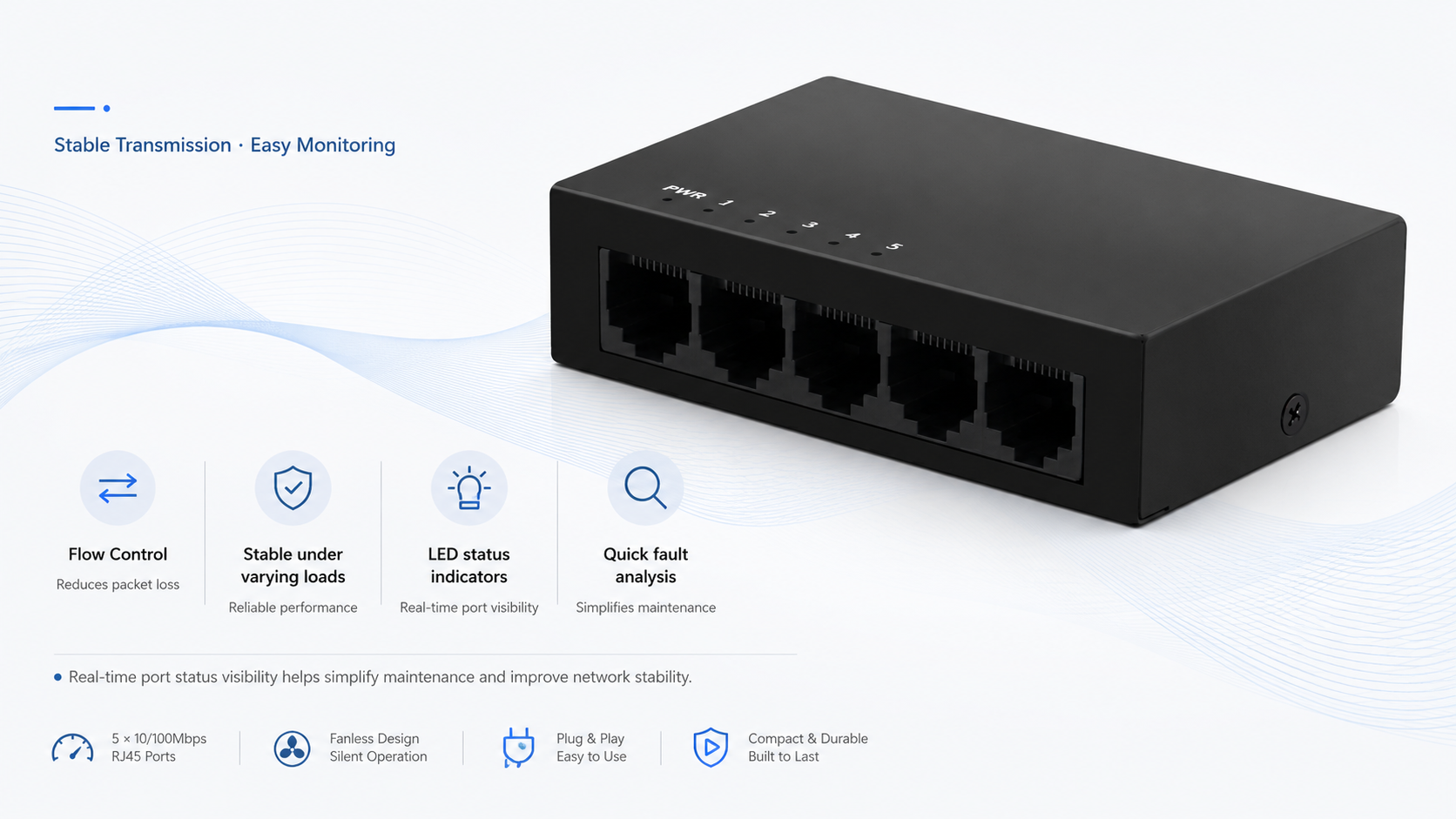 5-port Gigabit Ethernet switch with flow control, stable transmission under varying loads, panel LED indicators, real-time port status monitoring, and easy fault analysis.