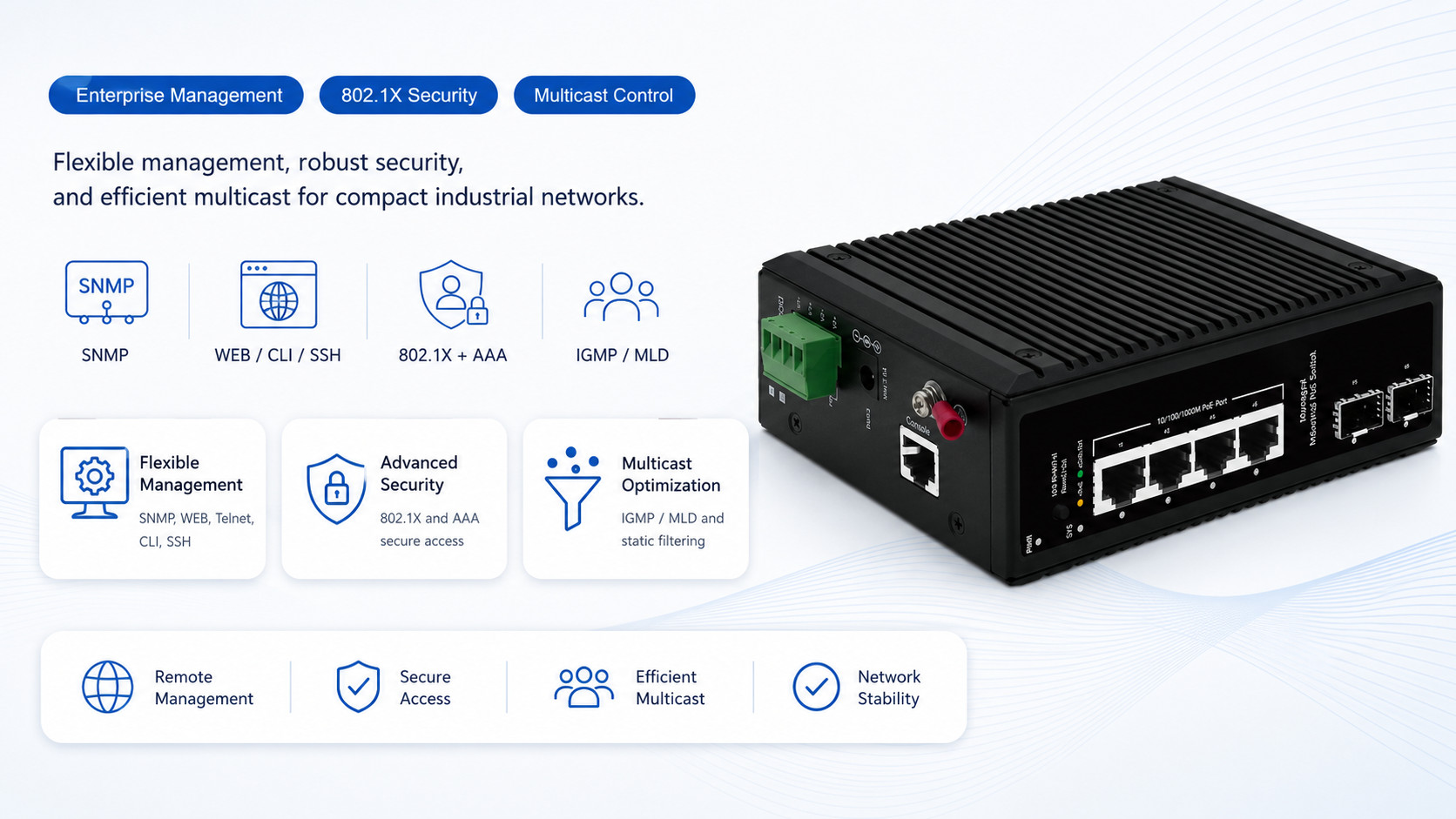 Compact managed industrial PoE switch supporting SNMP, WEB, Telnet, CLI, SSH, 802.1X authentication, AAA security, IGMP MLD Snooping, and static multicast filtering.