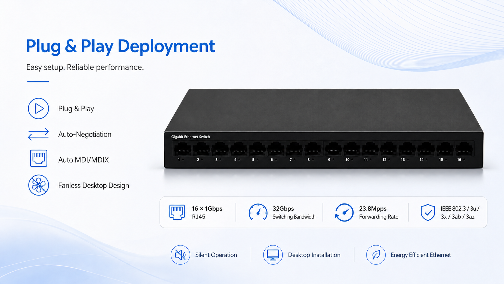 EW-16G-12W-EP 16-port Gigabit Ethernet switch with plug-and-play setup, auto-negotiation, Auto MDI/MDIX, fanless desktop design, 32Gbps switching bandwidth, and easy deployment for office networks.