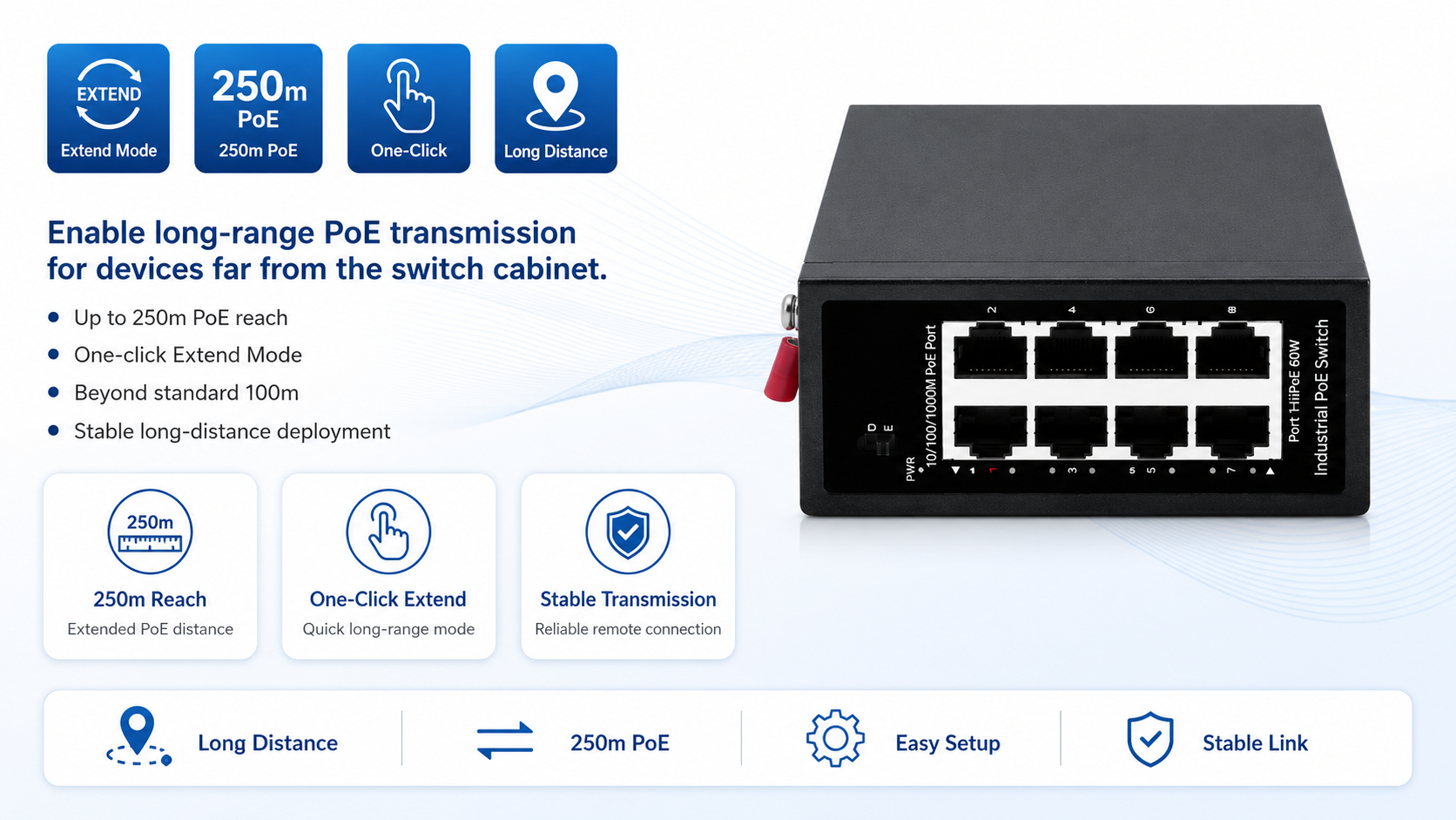Industrial PoE switch with Extend Mode for up to 250m long-distance PoE transmission, one-click setup, and stable remote device connectivity.