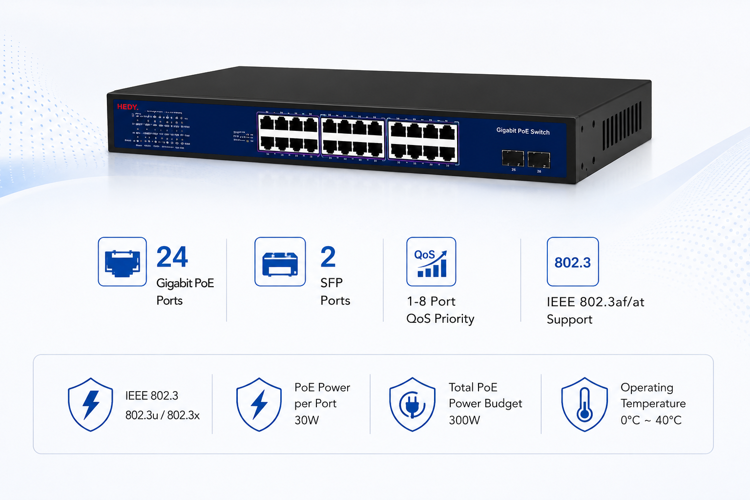 Unmanaged 24-port Gigabit PoE switch with plug-and-play setup, VLAN default and extend modes, and up to 250 meter PoE transmission for offices, hotels, and surveillance systems.