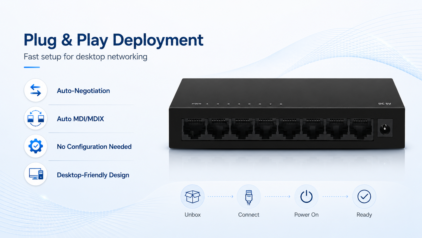 8-port desktop Ethernet switch with plug-and-play setup, auto-negotiation, Auto MDI/MDIX, no-configuration deployment, and compact DC 5V desktop design.