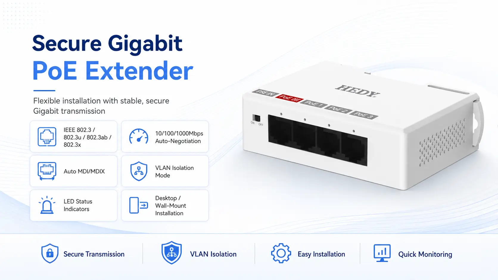 POEET-IA-GB-1T3 secure Gigabit PoE extender with IEEE 802.3, 802.3u, 802.3ab, and 802.3x compliance, 10/100/1000Mbps auto-negotiation, Auto MDI/MDIX, VLAN mode, LED indicators, and desktop or wall-mount installation.