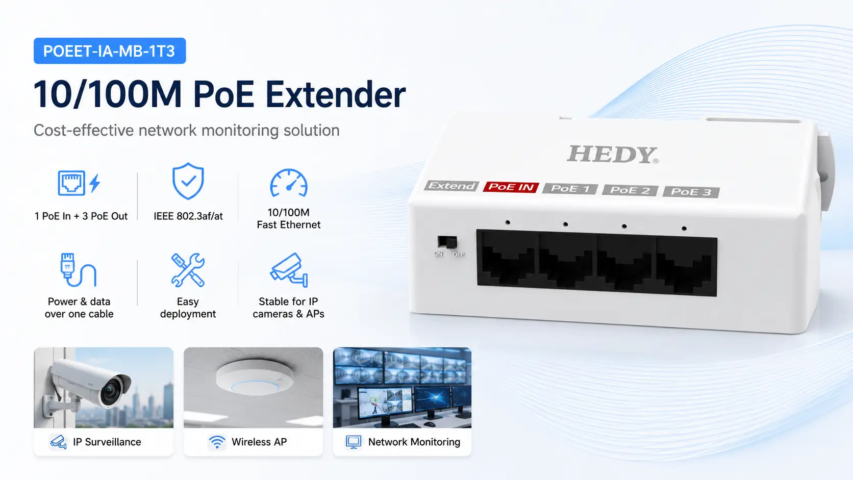 POEET-IA-MB-1T3 10/100M Fast Ethernet PoE extender with 1 Fast Ethernet PoE input, 3 Fast Ethernet PoE outputs, IEEE 802.3af/at support, power and data over one Ethernet cable, ideal for IP cameras, wireless APs, and network monitoring.