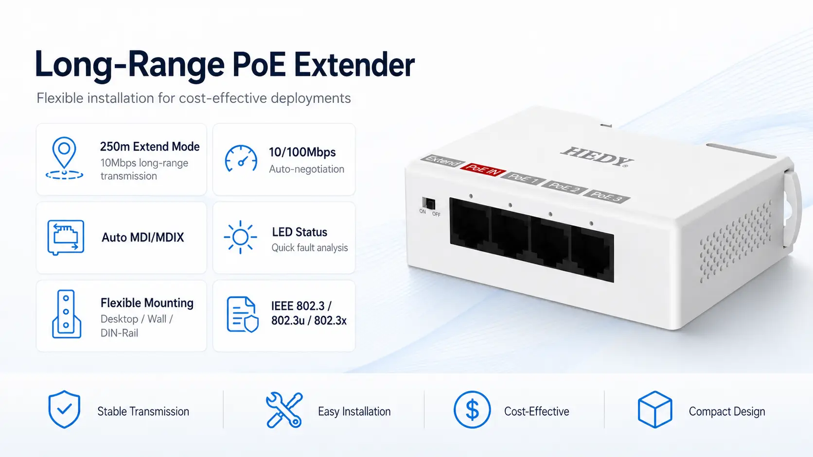 POEET-IA-MB-1T3 long-range PoE extender with 10/100Mbps auto-negotiation, Auto MDI/MDIX, Extend mode up to 250m at 10Mbps, LED status indicators, and desktop, wall-mount, or DIN-rail installation.