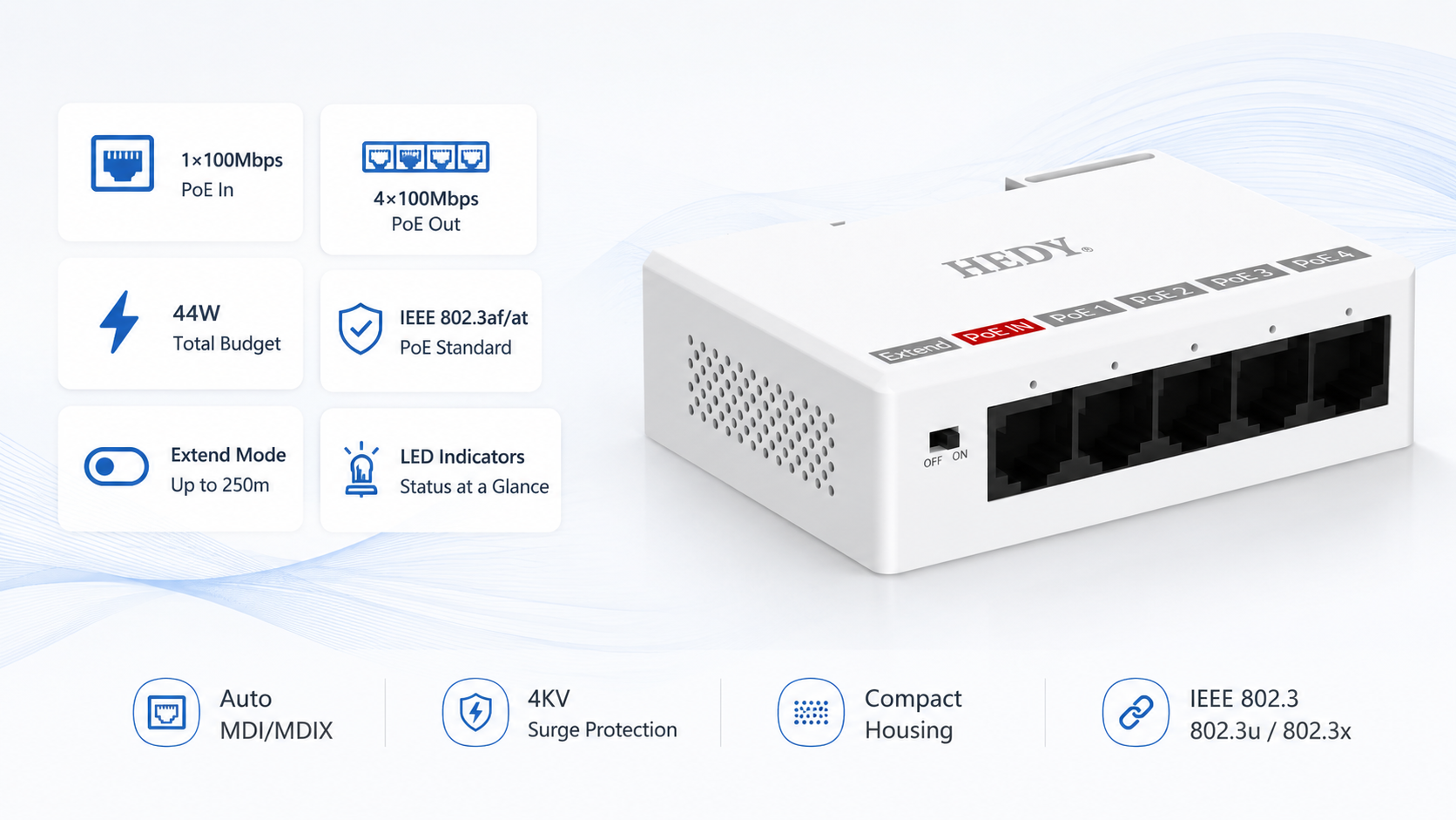 POEET-IB-MB-1T4 100Mbps 4-port PoE extender with 1 PoE input, 4 PoE outputs, 44W total PoE budget, IEEE 802.3 802.3u 802.3x compliance, Auto MDI/MDIX, Extend mode, LED indicators, 4KV surge protection, and compact indoor housing.