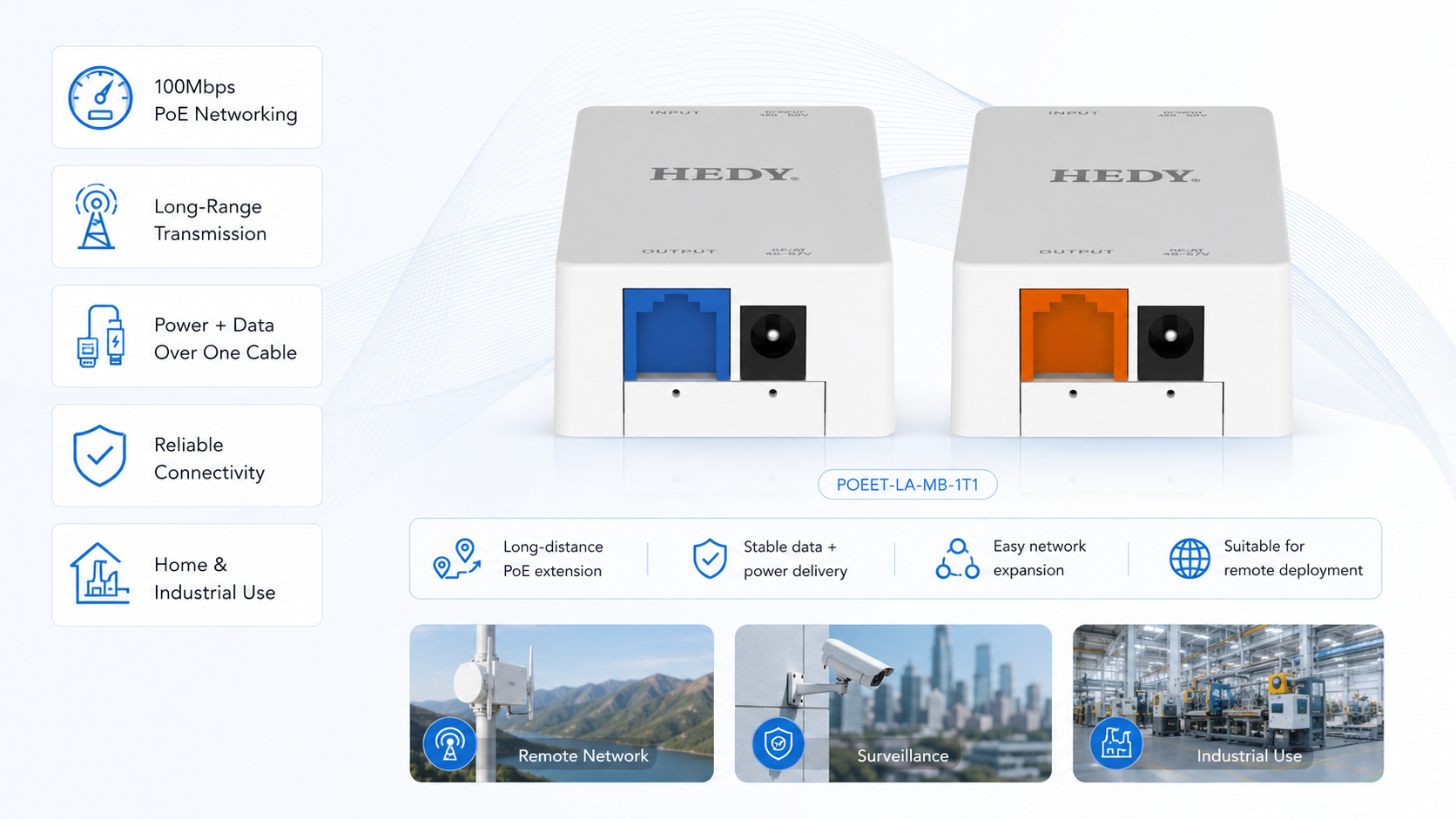 POEET-LA-MB-1T1 long-range 100Mbps PoE extender set with blue and orange units, supporting data and power transmission for remote network, surveillance, home, and industrial applications.