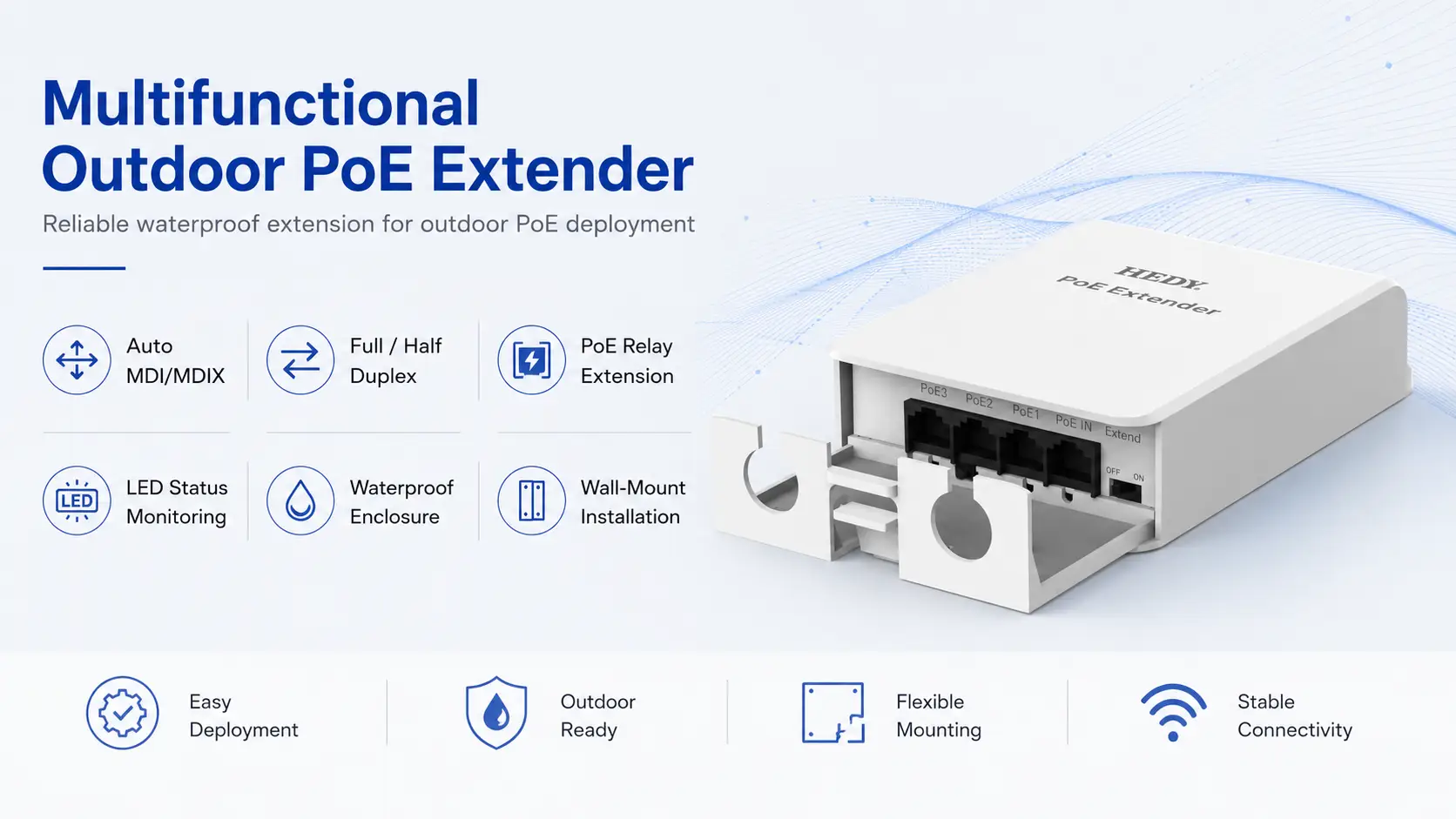 POEET-OA-MB-1T3 multifunctional outdoor PoE extender with Auto MDI/MDIX, full and half duplex flow control, PoE relay extension, LED status indicators, waterproof enclosure, and wall-mount installation.
