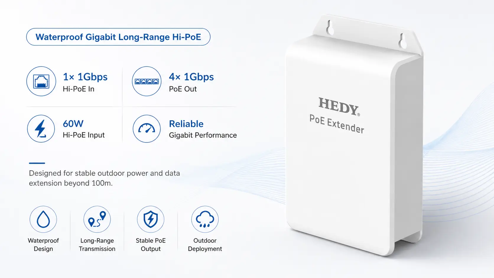 POEET-OB-GB-1T4 waterproof Gigabit Hi-PoE extender with 1Gbps 60W Hi-PoE input, 4 Gigabit PoE outputs, IEEE 802.3af/at support, and long-range outdoor power and data transmission.