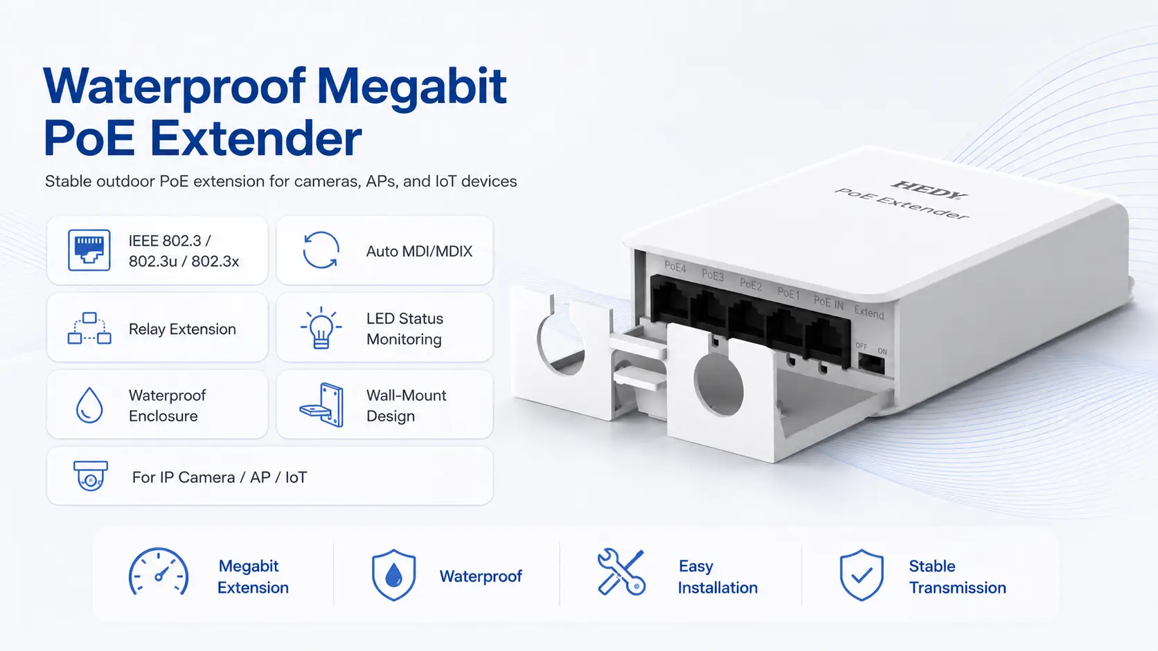 POEET-OB-MB-1T4 waterproof Megabit PoE extender with IEEE 802.3, 802.3u, and 802.3x compliance, Auto MDI/MDIX, relay extension, LED status indicators, wall-mount design, and stable outdoor PoE extension for IP cameras, access points, and IoT devices.
