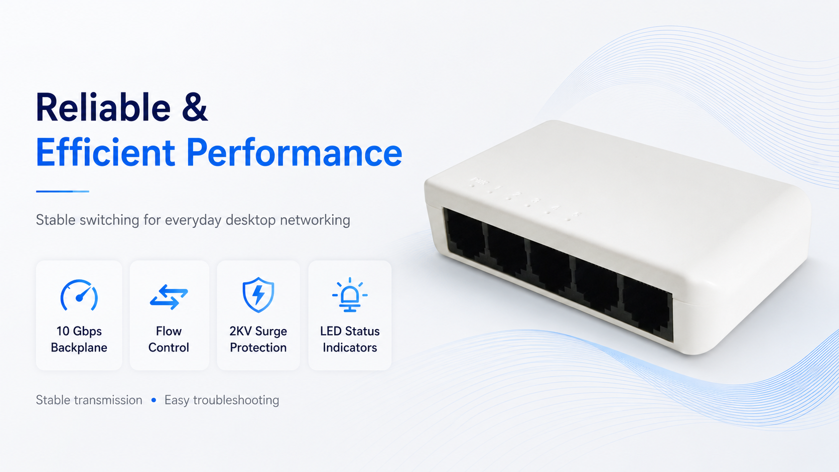 5-port Ethernet switch with 10Gbps backplane bandwidth, flow control, 2KV common mode surge protection, LED status indicators, stable operation, and easy troubleshooting.