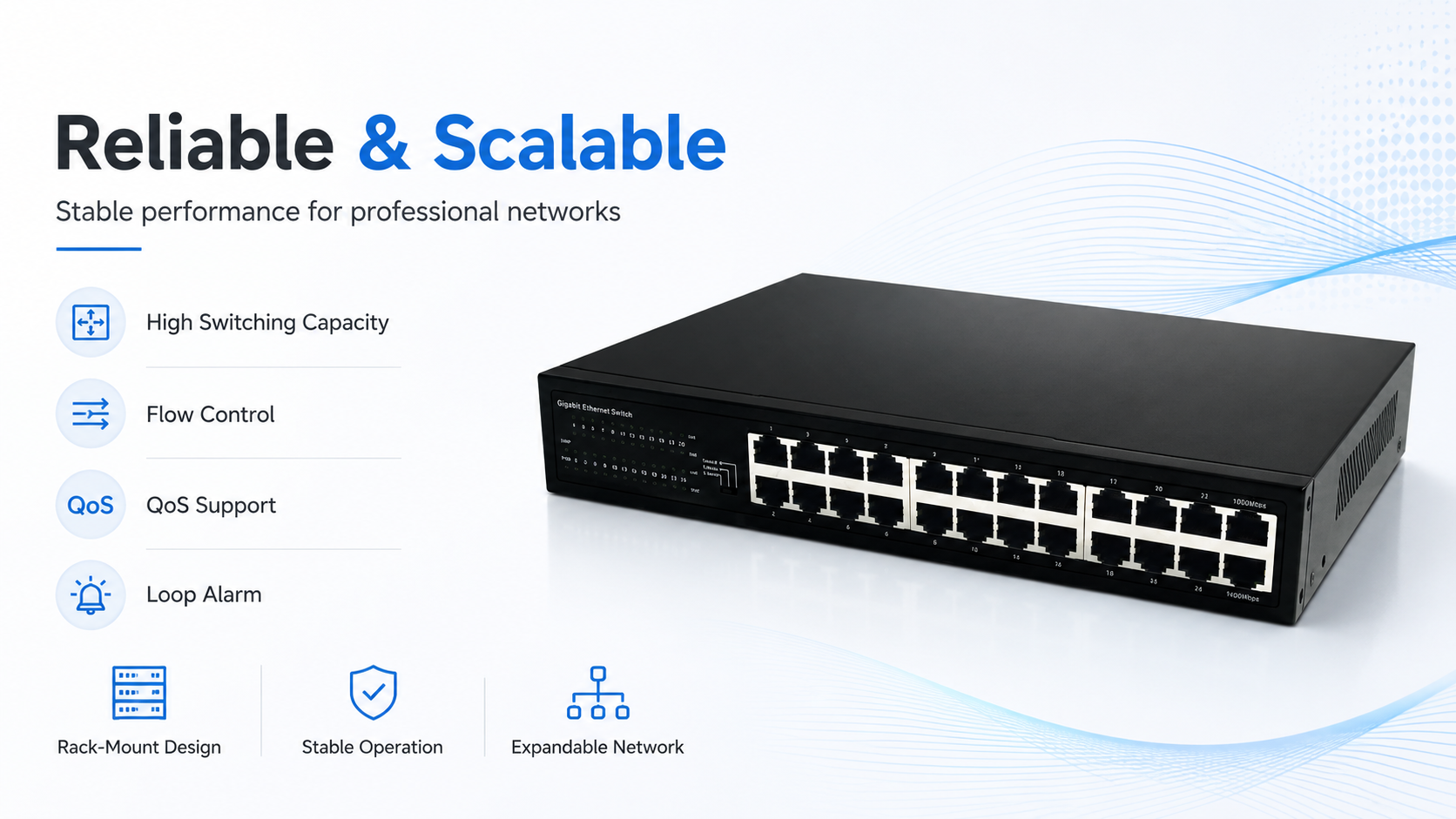 Rack-mountable Gigabit Ethernet switch with high switching capacity, flow control, QoS, loop alarm, and stable scalable network performance for professional environments.