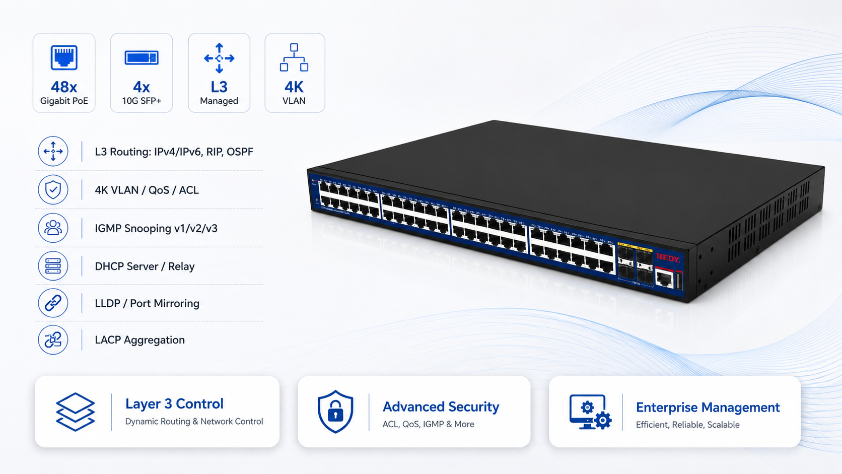L3 managed PoE switch supporting IPv4 IPv6 routing, RIP, OSPF, 4K VLAN, QoS, ACL, IGMP Snooping, DHCP Server Relay, LLDP, port mirroring, and LACP aggregation.