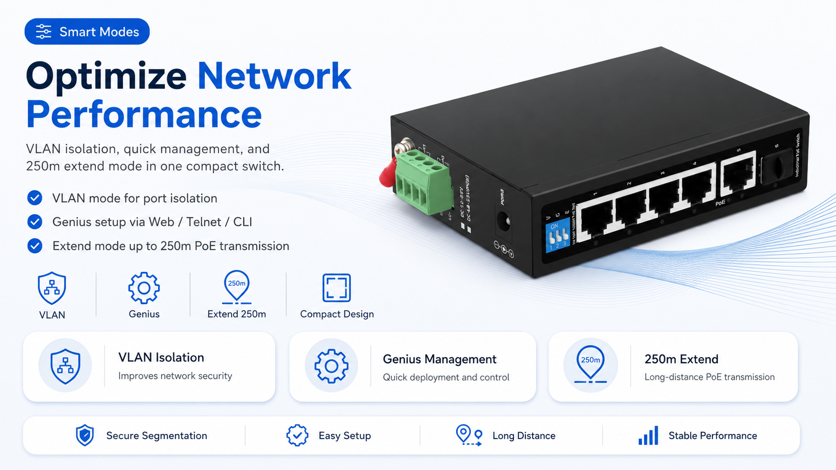 Compact industrial PoE switch with VLAN mode, Genius management, and Extend mode for up to 250m long-distance PoE transmission.