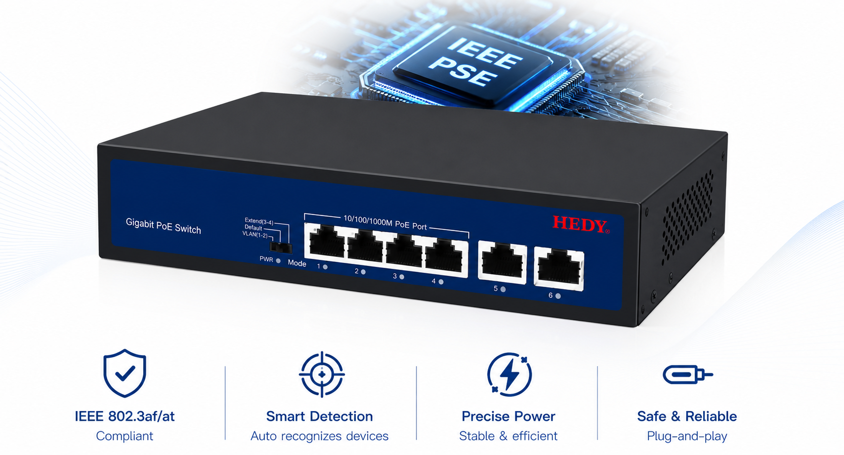 4-port Gigabit PoE switch with standard IEEE PSE chip, smart PD detection, precise power matching, IEEE 802.3af/at compliance, and safe plug-and-play PoE power delivery.