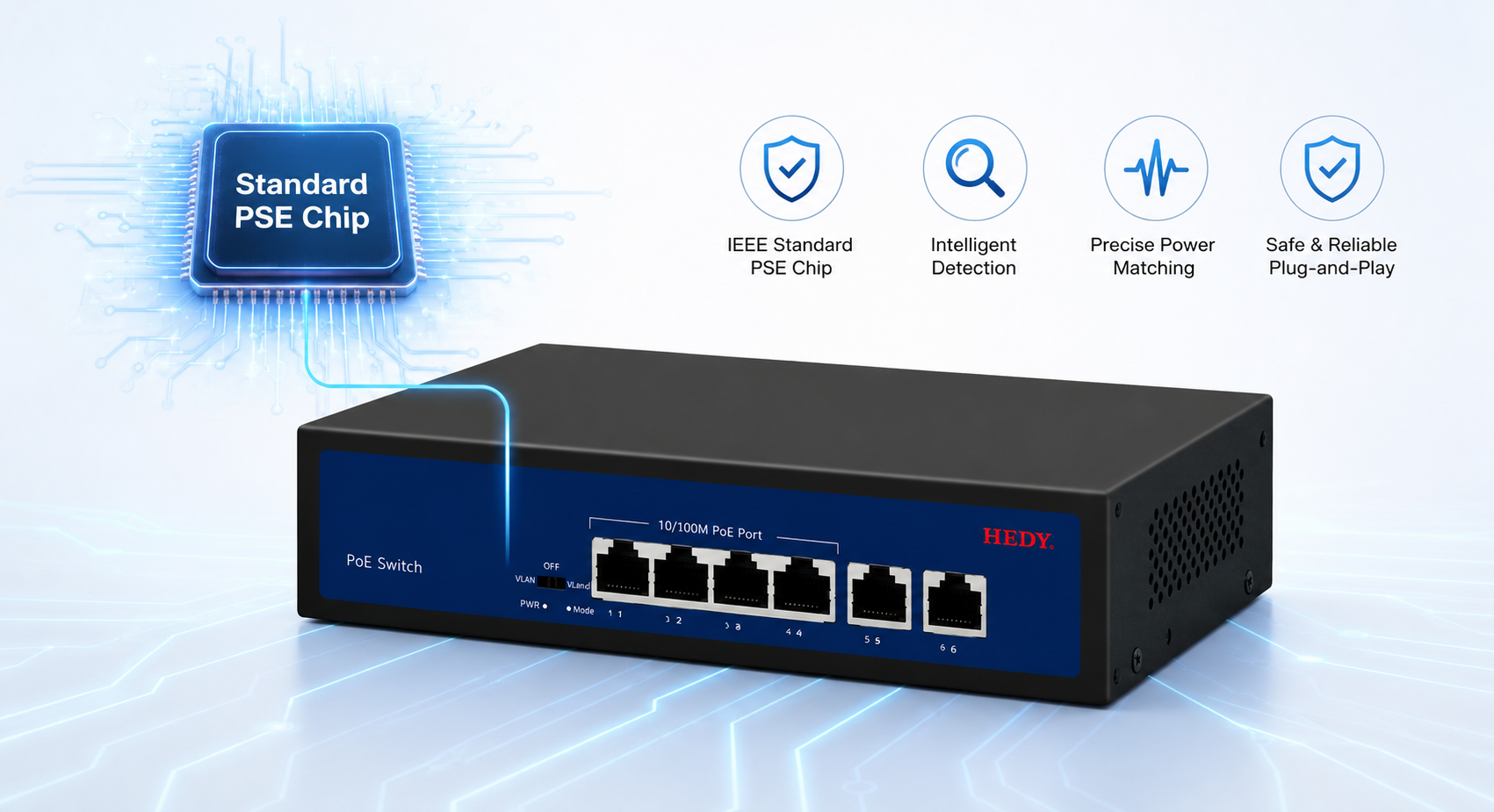 8-port Fast Ethernet PoE switch with standard IEEE PSE chip, intelligent PD detection, precise power matching, IEEE 802.3af/at compliance, and safe plug-and-play PoE power delivery.