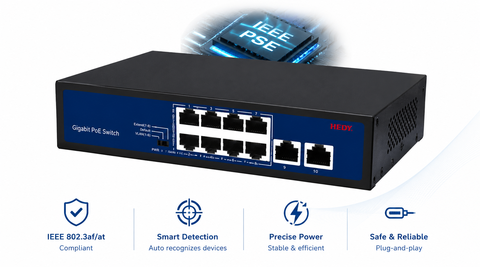8-port Gigabit PoE switch with standard IEEE PSE chip, smart PD detection, precise power matching, IEEE 802.3af/at compliance, and safe plug-and-play PoE power delivery.