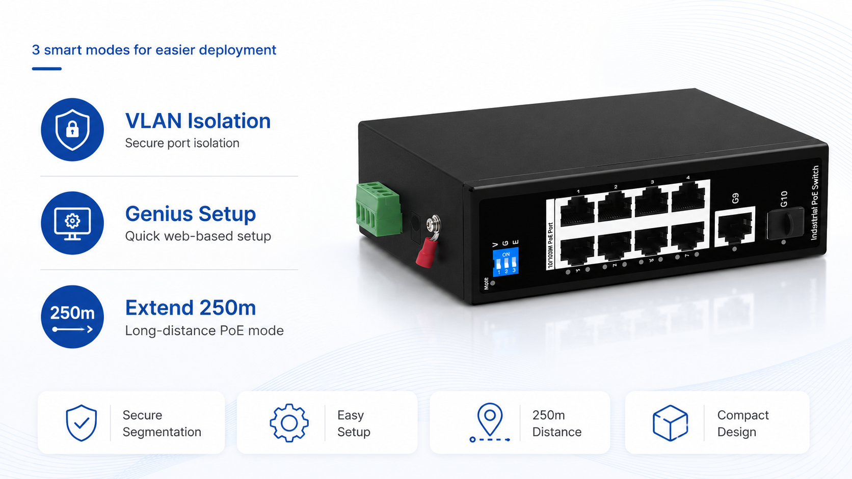 Industrial PoE switch with VLAN isolation, Genius web-based setup, and Extend mode for up to 250m long-distance PoE transmission in a compact design.