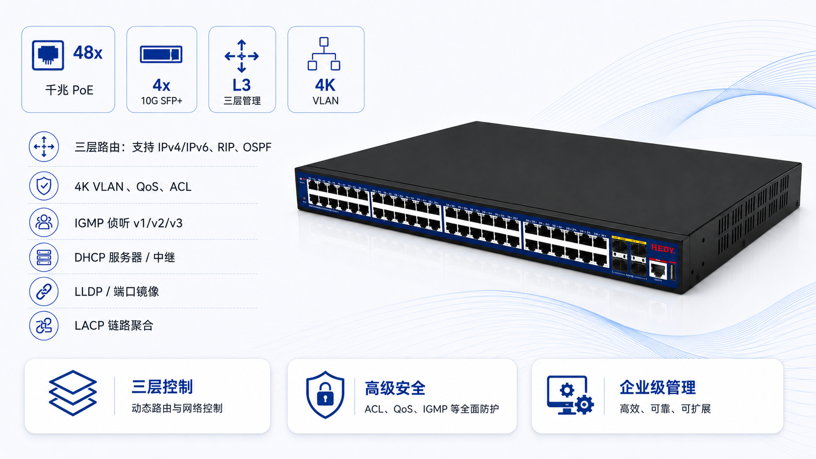 L3 managed PoE switch supporting IPv4 IPv6 routing, RIP, OSPF, 4K VLAN, QoS, ACL, IGMP Snooping, DHCP Server Relay, LLDP, port mirroring, and LACP aggregation.