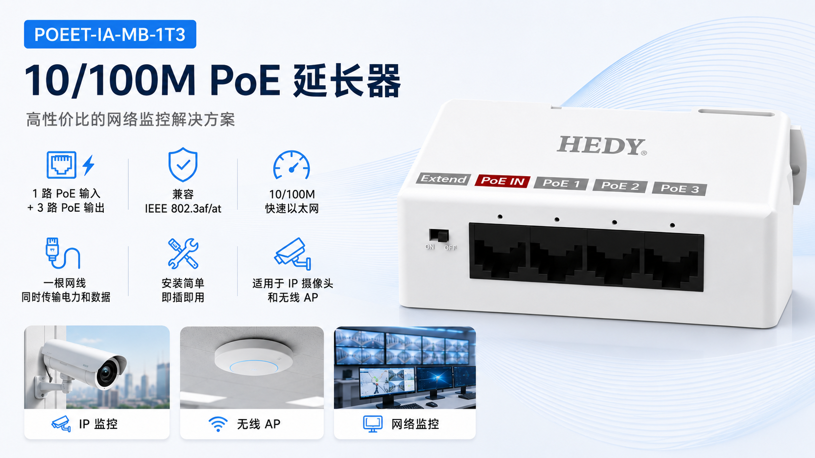 POEET-IA-MB-1T3 10/100M Fast Ethernet PoE extender with 1 Fast Ethernet PoE input, 3 Fast Ethernet PoE outputs, IEEE 802.3af/at support, power and data over one Ethernet cable, ideal for IP cameras, wireless APs, and network monitoring.