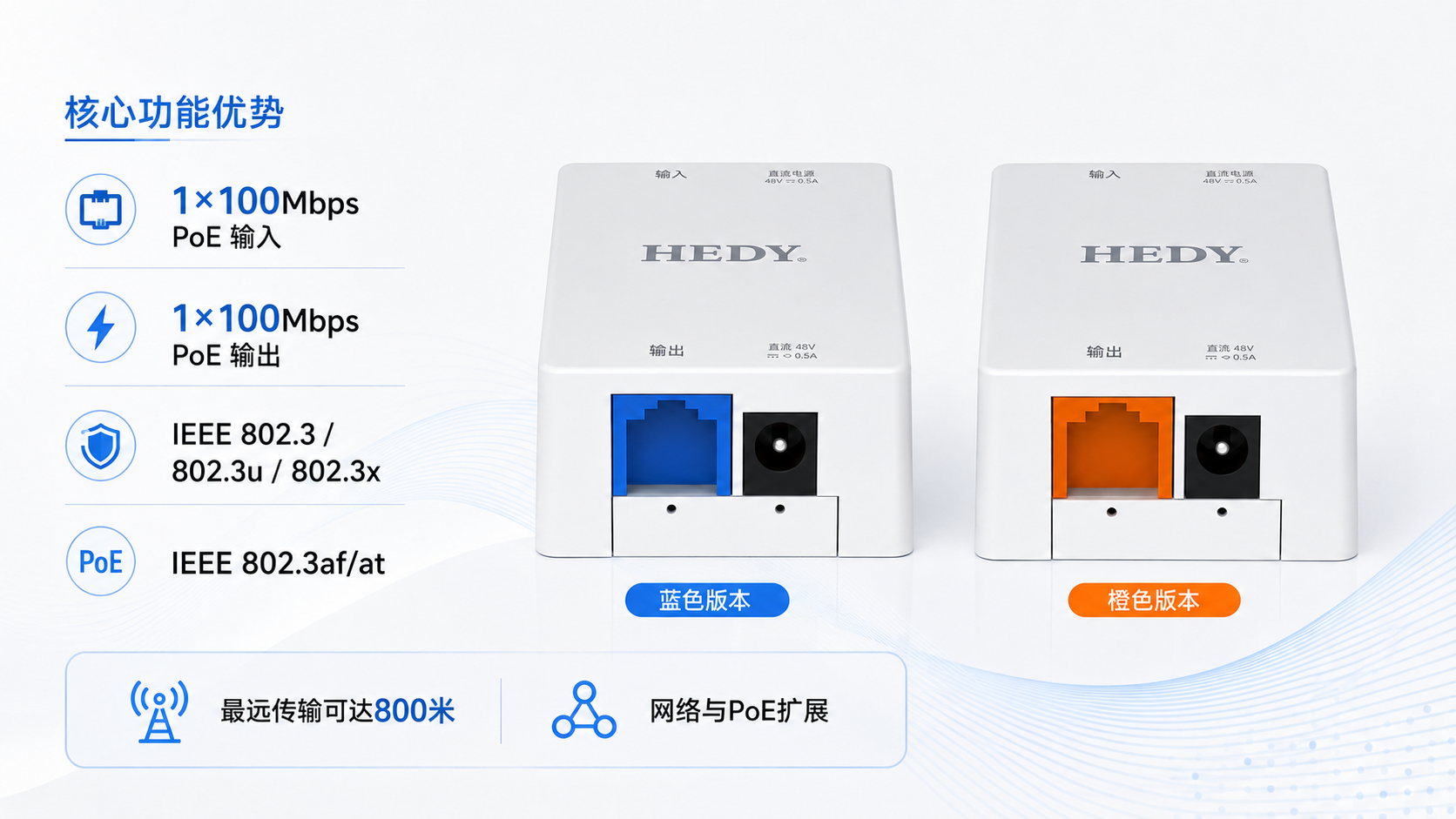 POEET-LA-MB-1T1 long-range 100Mbps PoE extender set with blue and orange units, supporting data and power transmission for remote network, surveillance, home, and industrial applications.
