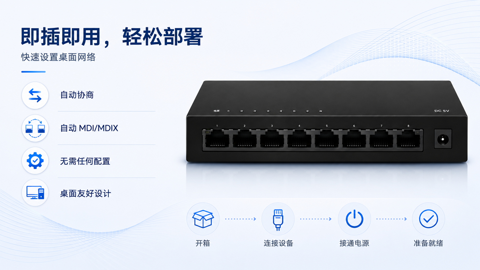 8-port desktop Ethernet switch with plug-and-play setup, auto-negotiation, Auto MDI/MDIX, no-configuration deployment, and compact DC 5V desktop design.