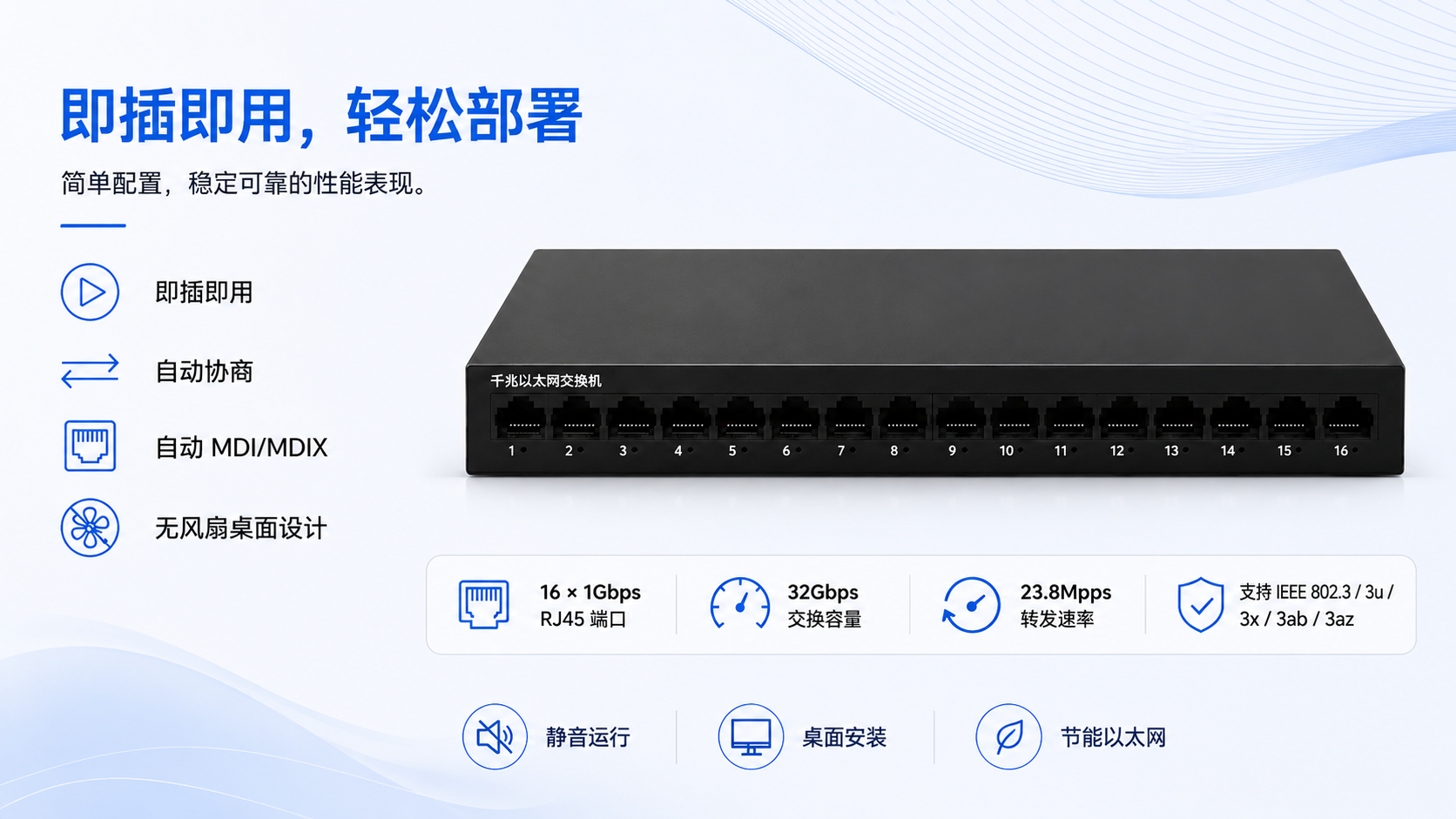 EW-16G-12W-EP 16-port Gigabit Ethernet switch with plug-and-play setup, auto-negotiation, Auto MDI/MDIX, fanless desktop design, 32Gbps switching bandwidth, and easy deployment for office networks.