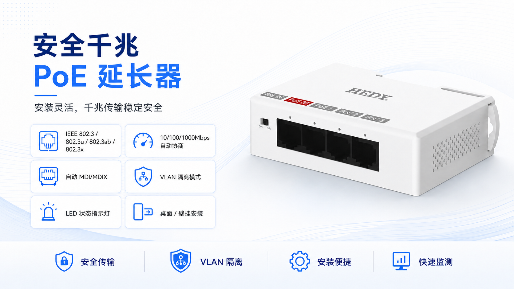 POEET-IA-GB-1T3 secure Gigabit PoE extender with IEEE 802.3, 802.3u, 802.3ab, and 802.3x compliance, 10/100/1000Mbps auto-negotiation, Auto MDI/MDIX, VLAN mode, LED indicators, and desktop or wall-mount installation.
