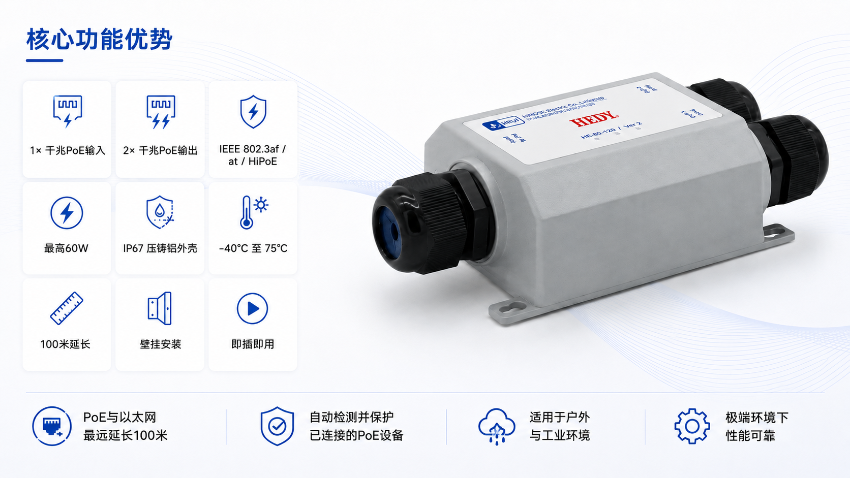 Industrial waterproof Gigabit PoE extender with 1Gbps PoE in, 2Gbps PoE out, IP67 aluminum casing, IEEE 802.3af/at/HiPoE support, 100m transmission extension, automatic PoE device protection, wall mount installation, and plug-and-play setup.