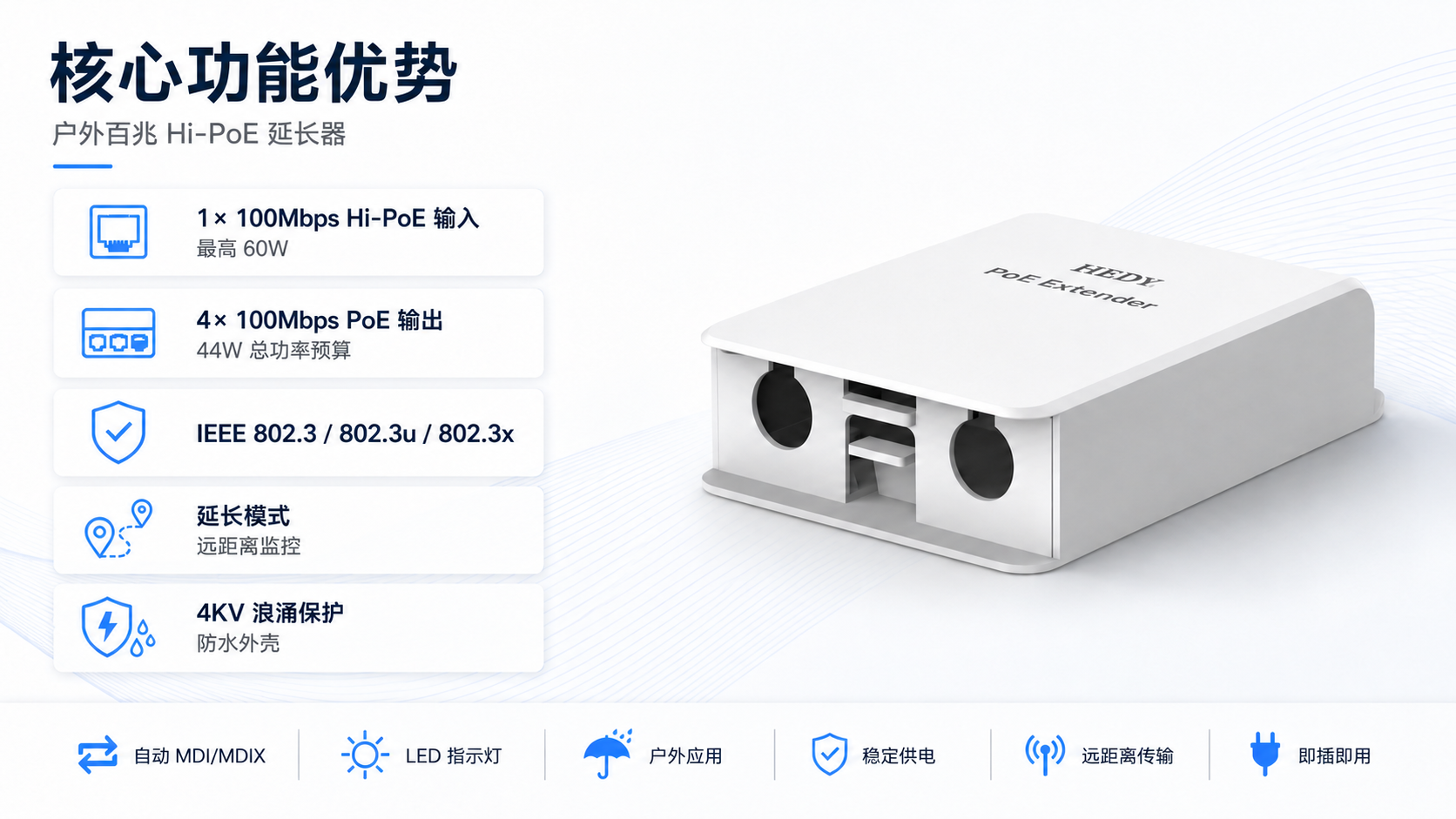 POEET-OA-MB-1T3 outdoor 100Mbps PoE extender with 1 100Mbps PoE input, 3 100Mbps PoE outputs, 25W total PoE budget, IEEE 802.3 802.3u 802.3x compliance, Extend mode, LED indicators, 4KV surge protection, and waterproof enclosure.