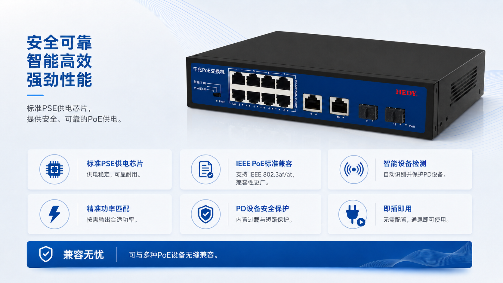 Gigabit PoE switch with standard IEEE PSE chip, smart device detection, precise power matching, IEEE 802.3af/at compliance, and safe plug-and-play PoE power delivery.
