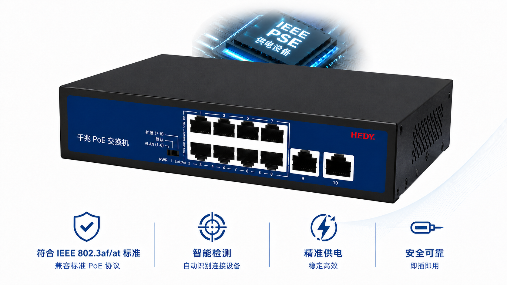 8-port Gigabit PoE switch with standard IEEE PSE chip, smart PD detection, precise power matching, IEEE 802.3af/at compliance, and safe plug-and-play PoE power delivery.