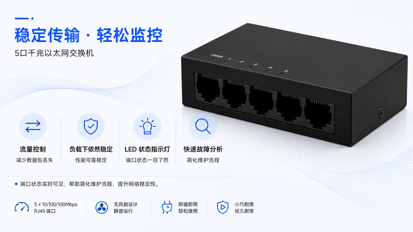 5-port Gigabit Ethernet switch with flow control, stable transmission under varying loads, panel LED indicators, real-time port status monitoring, and easy fault analysis.
