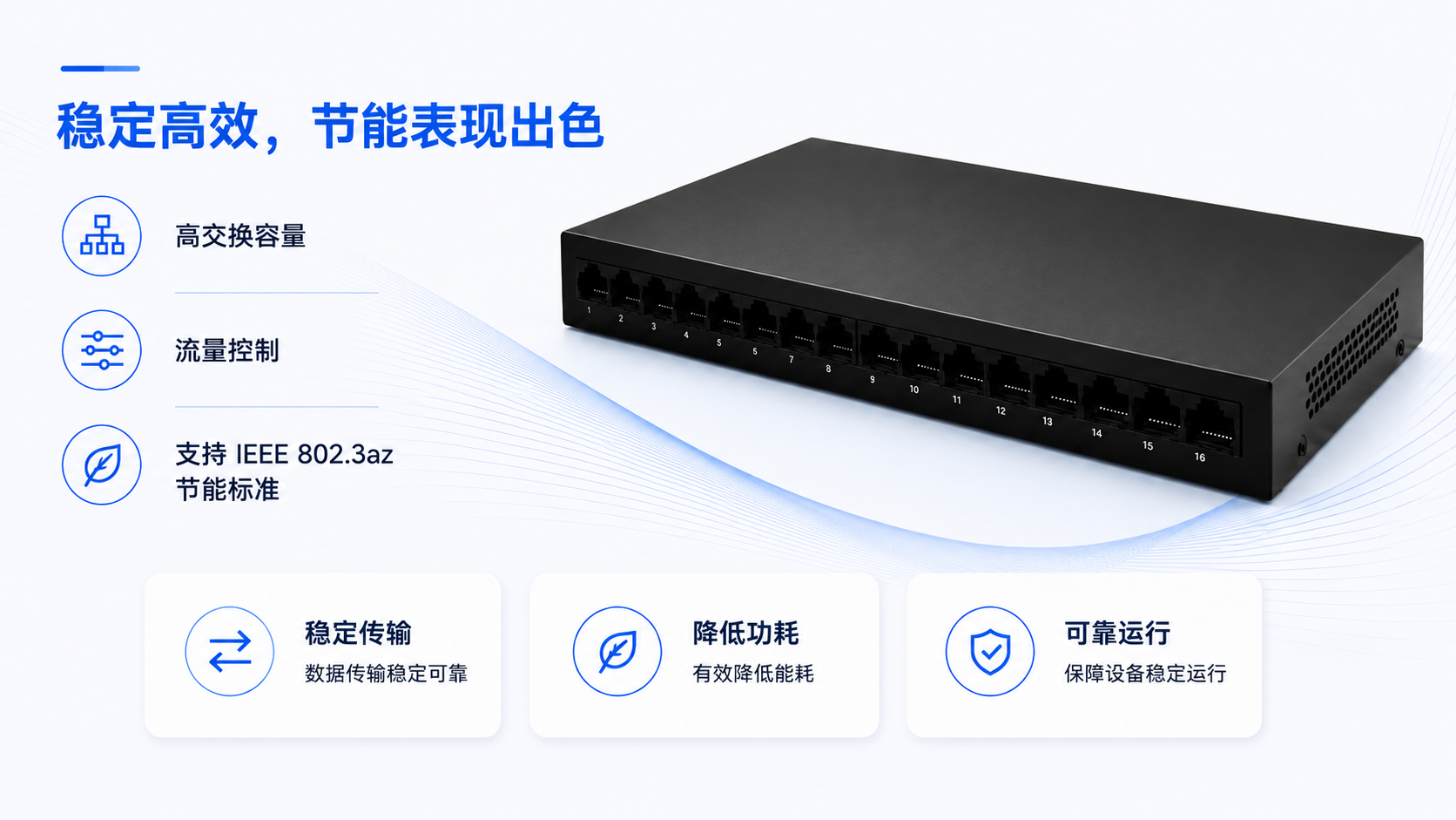 EW-16G-12W-EP 16-port Gigabit Ethernet switch with 32Gbps switching bandwidth, 23.8Mpps forwarding rate, IEEE 802.3x flow control, IEEE 802.3az energy saving, 8K MAC table, and stable fanless operation.
