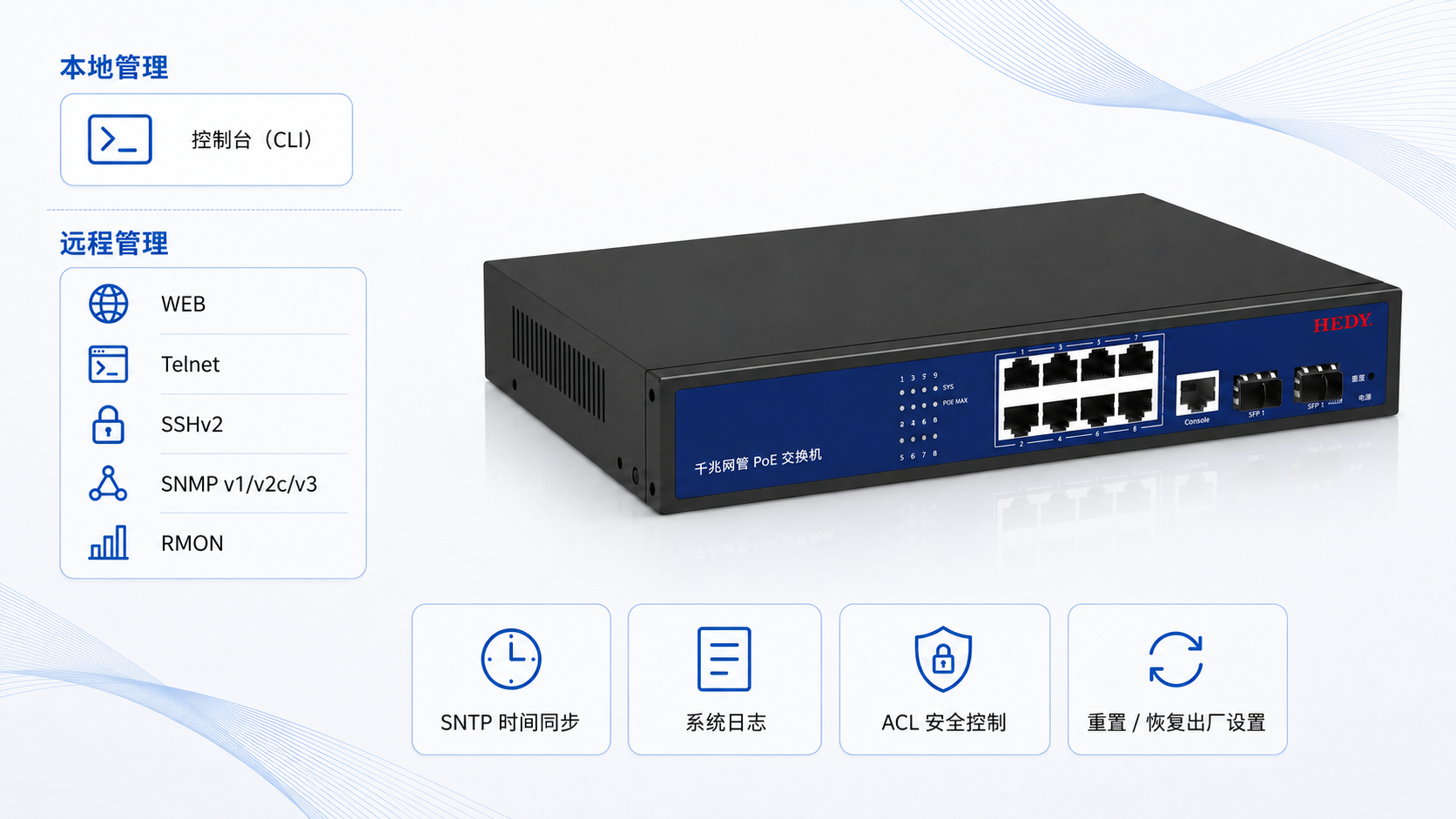 Managed PoE switch with Console CLI, WEB, Telnet, SSHv2, SNMP v1 v2c v3, RMON, SNTP time sync, Syslog logging, ACL access control, and reset button.