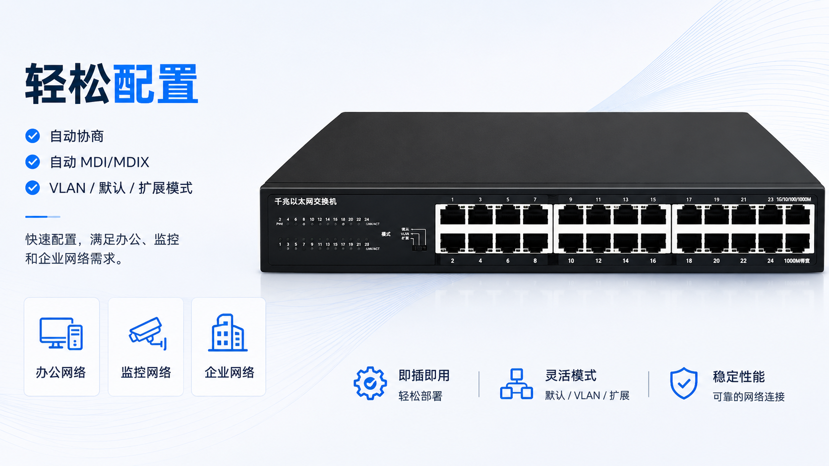 Gigabit Ethernet switch with plug-and-play setup, auto-negotiation, Auto MDI/MDIX, and VLAN Default Extend modes for office, surveillance, and enterprise networks.