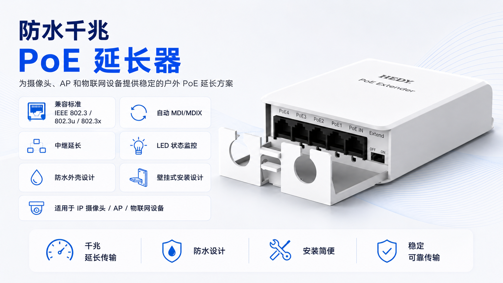 POEET-OA-MB-1T3 multifunctional outdoor PoE extender with Auto MDI/MDIX, full and half duplex flow control, PoE relay extension, LED status indicators, waterproof enclosure, and wall-mount installation.